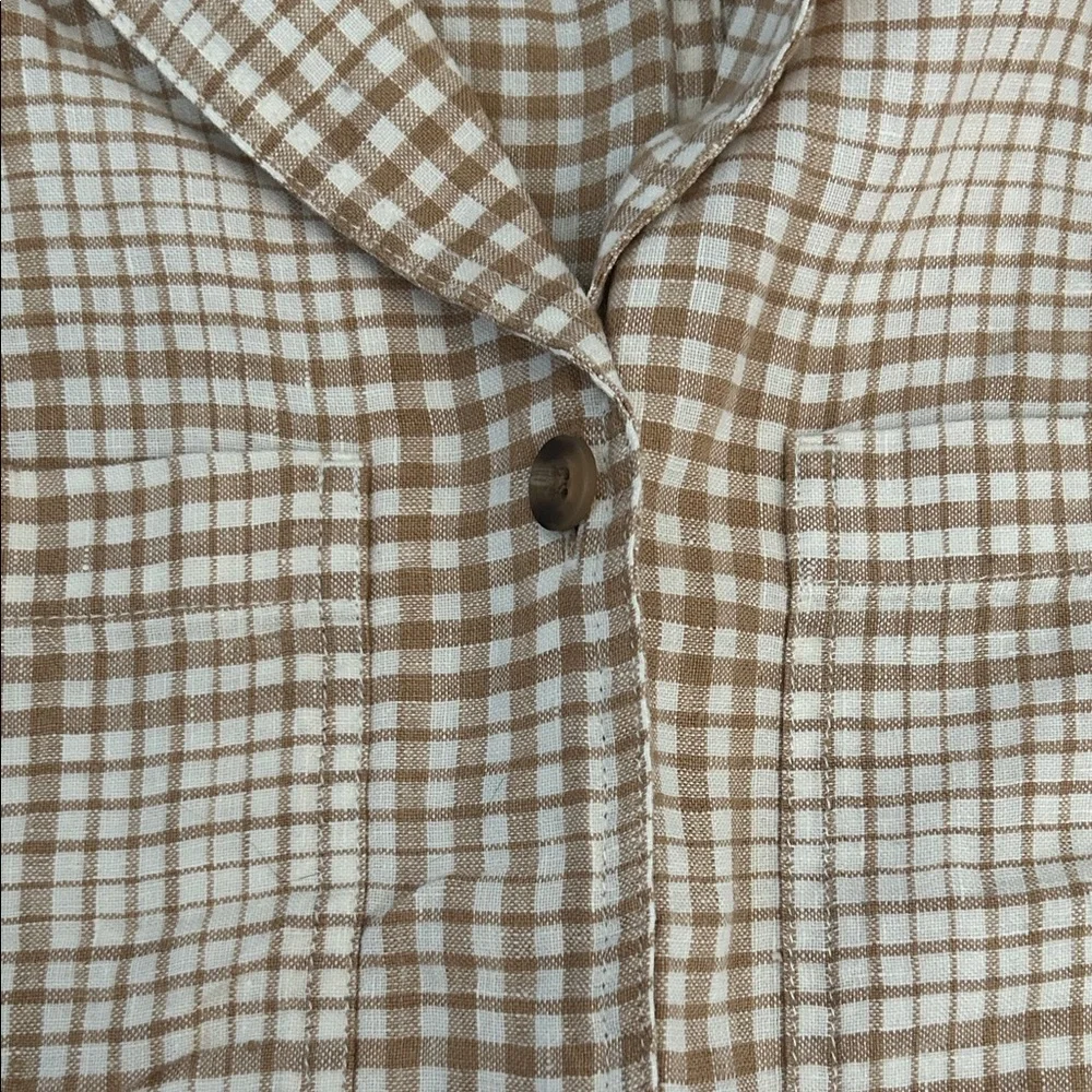 Everlane Women’s Linen Beige Gingham Set - Short Sleeve Button Down Top & Shorts